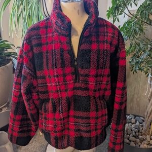 Unisex Ralph Lauren Chaps Red Black Fleece 1/4 Zip Sz Lg Fits Like XL
